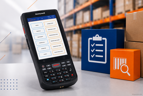 Mobiles MDE-Handgerät für die Lagerverwaltung in einem Logistikumfeld. Auf dem Touch-Display ist ein Menü mit Optionen wie 'Inventur', 'Auftrag' und 'Wareneingang' sichtbar. Daneben stehen Boxen mit Symbolen für eine Bestands-Checkliste und einen Barcode-Scanner, die einen effizienten, digitalen Inventurprozess visualisieren.