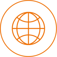 Orangefarbenes Icon einer Weltkugel mit Längs- und Breitengraden in einem Kreis – Symbol für die globale Chargenverwaltung und Rückverfolgbarkeit.