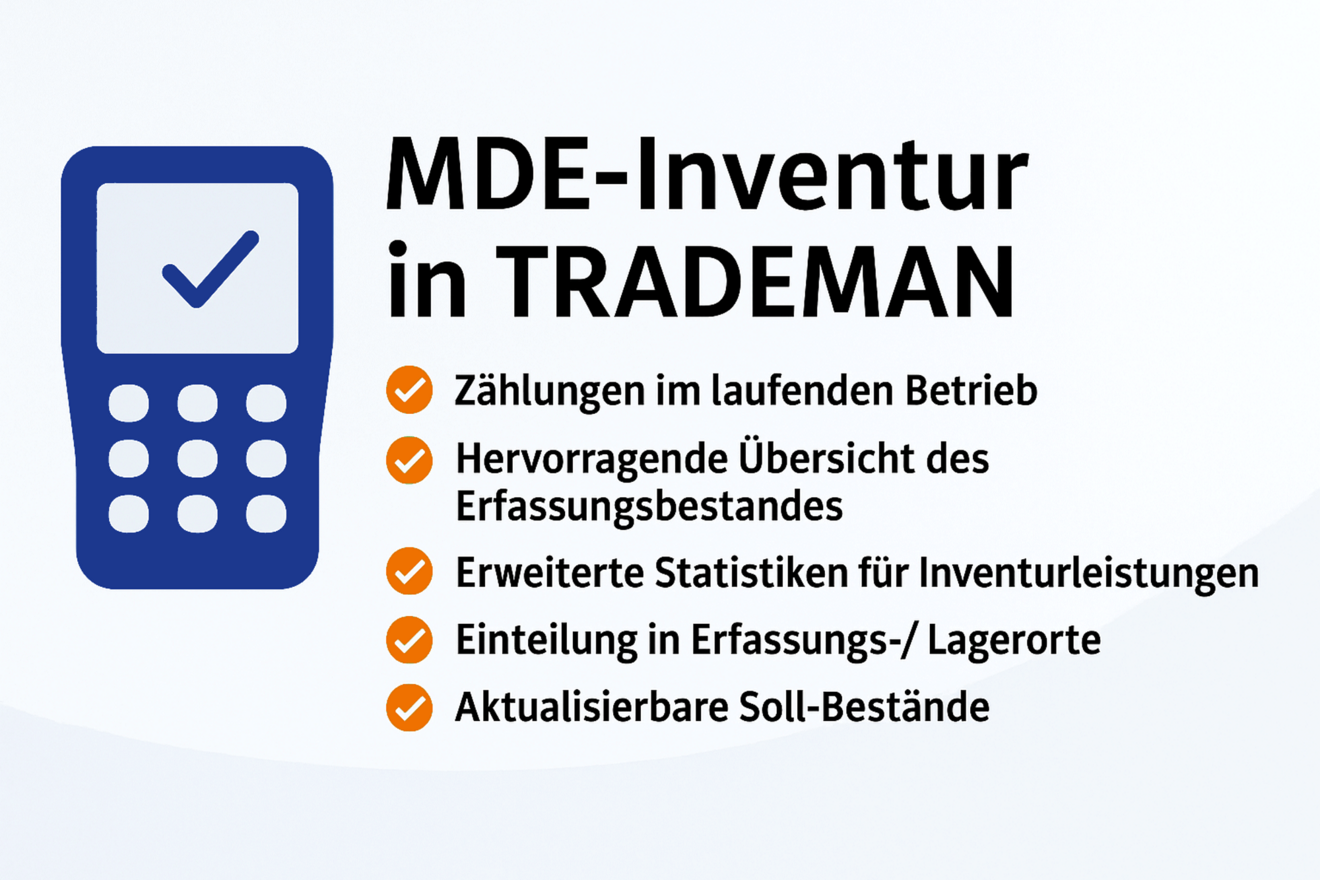 Titelgrafik zur MDE-Inventur in TRADEMAN mit Symbol eines blauen MDE-Geräts und Liste der Vorteile: Zählungen im laufenden Betrieb, hervorragende Übersicht des Erfassungsbestandes, erweiterte Statistiken, Einteilung in Lager- und Erfassungsorte sowie aktualisierbare Soll-Bestände.