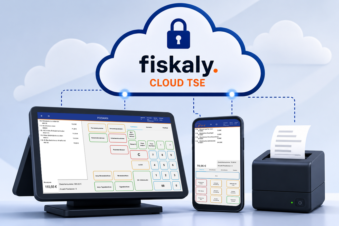 Hardwareunabhängige Fiskaly Cloud TSE für die POSMAN Kassensoftware. Die Grafik zeigt die digitale Anbindung eines stationären Kassensystems und eines mobilen Smartphones an die cloudbasierte Technische Sicherheitseinrichtung (TSE) zur gesetzeskonformen Fiskalisierung nach der KassenSichV.