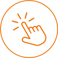 Orangefarbenes Icon einer klickenden Hand (Cursor-Symbol) in einem Kreis – steht für die schnelle Systeminstallation per One-Click-Installer.