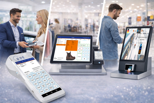 Darstellung moderner Checkout-Szenarien mit POSMAN: mobile Kasse, stationäres Kassensystem und Self-Checkout im Einzelhandel