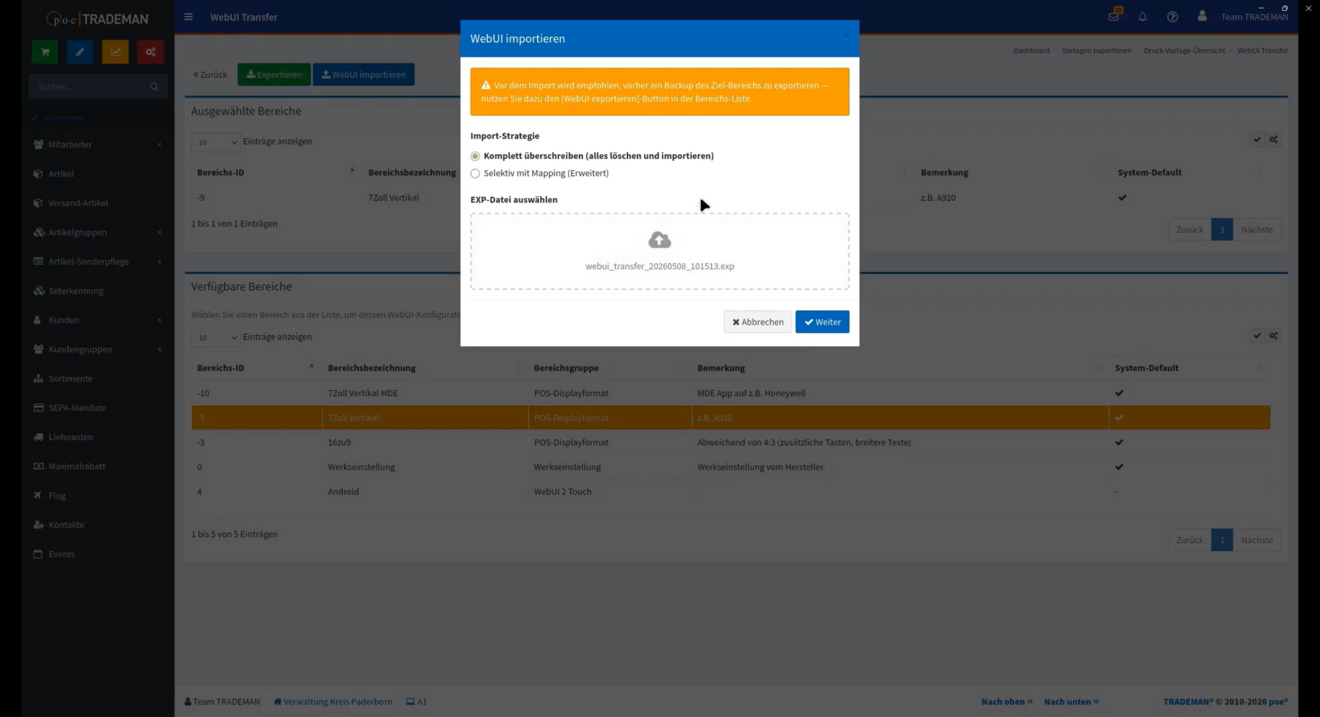 Das Menü WebUI Transfer im TRADEMAN zur Auswahl und zum Mapping von Kassenlayouts für das WebUI2.