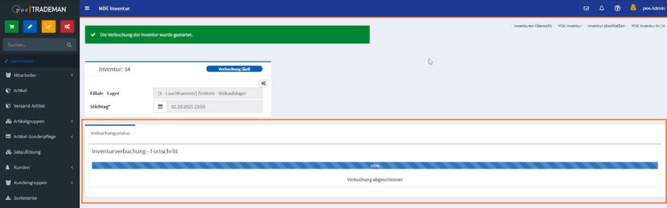 Fortschrittsanzeige während des abschließenden Verbuchens der MDE-Inventur in TRADEMAN