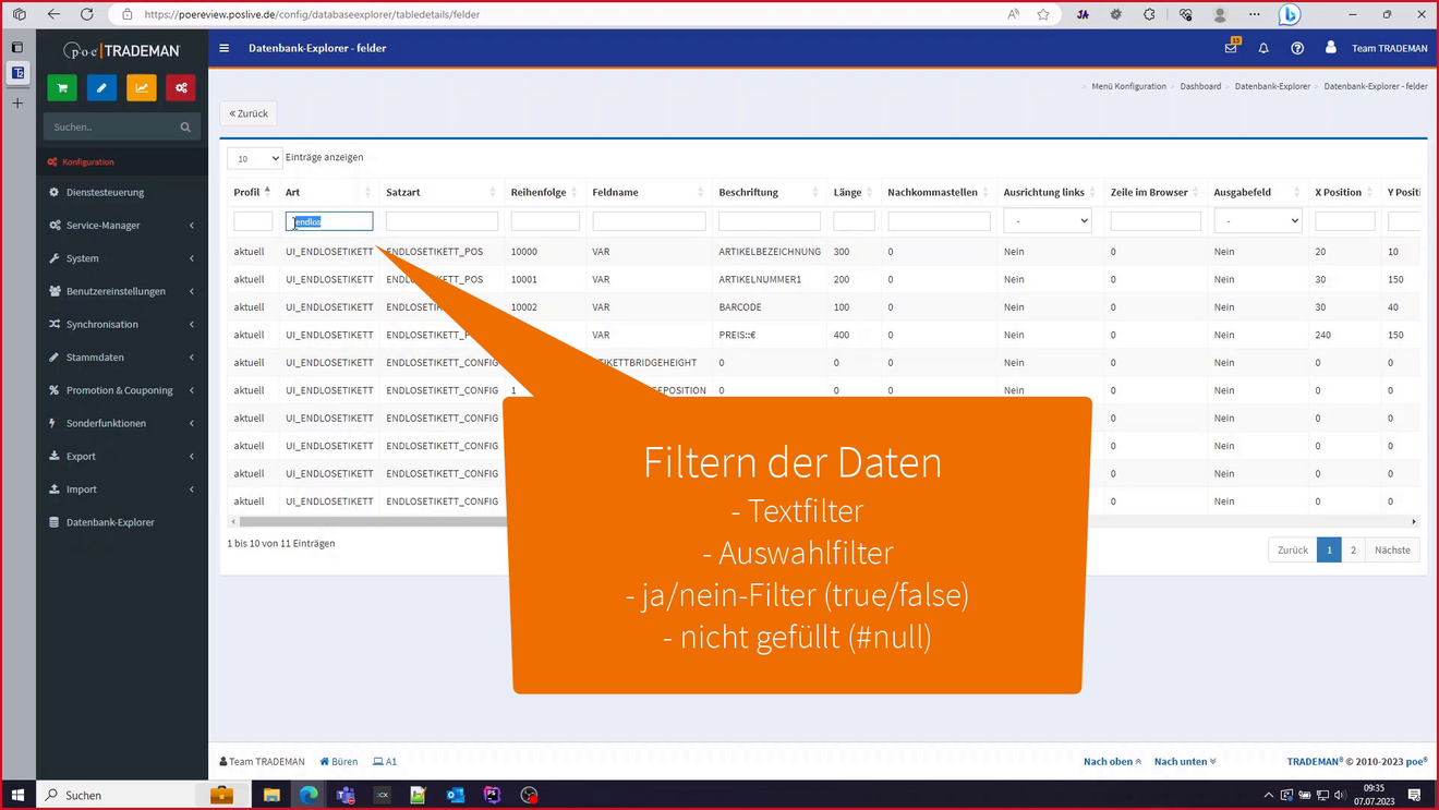 Datenbanktabelle Felder filtern