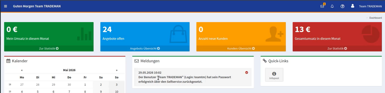 Das Admin-Dashboard im TRADEMAN mit einer Systembenachrichtigung, die anzeigt, dass ein Benutzer sein Kennwort erfolgreich über den Passwort-Selfservice zurückgesetzt hat.