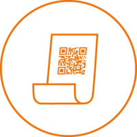 Orangefarbenes Icon eines Papierbelegs mit integriertem QR-Code in einem Kreis – Symbol für den digitalen, nachhaltigen eBon.