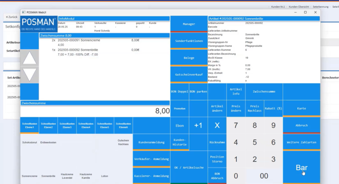 Screenshot von der POSMAN Kasse_Abrechnung eines Sets