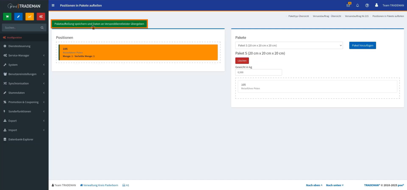 Eingabe der Paketgewichte in TRADEMAN mit anschließendem Speichern und Übergabe an BEO-FREDI