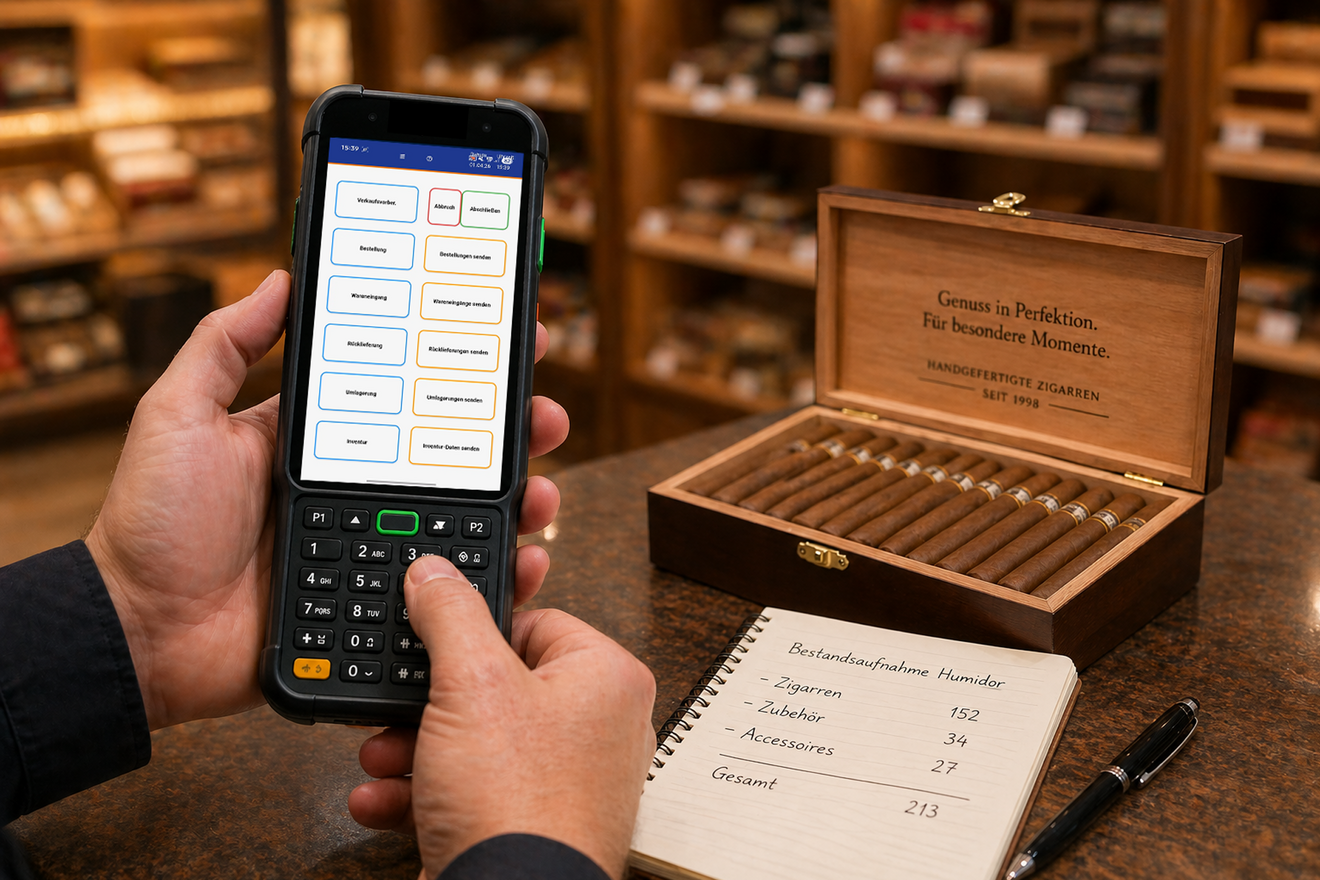 Mobile Verkaufsvorbereitung im Fachhandel: Ein MDE-Gerät zeigt die POSMANmde-Benutzeroberfläche zur mobilen Auftragserfassung direkt am Point of Sale.