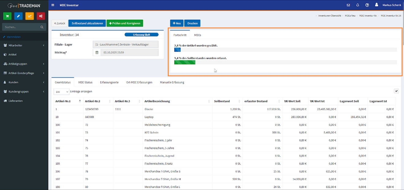 TRADEMAN Inventurstatistik: Fortschrittsbalken und Status-Übersicht zum Zählfortschritt der MDE-Inventur