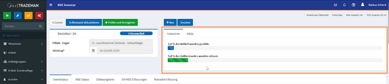 TRADEMAN Statistik: Fortschrittsbalken und Echtzeit-Status zur Überwachung des Zählfortschritts der POSMANmde Inventur.