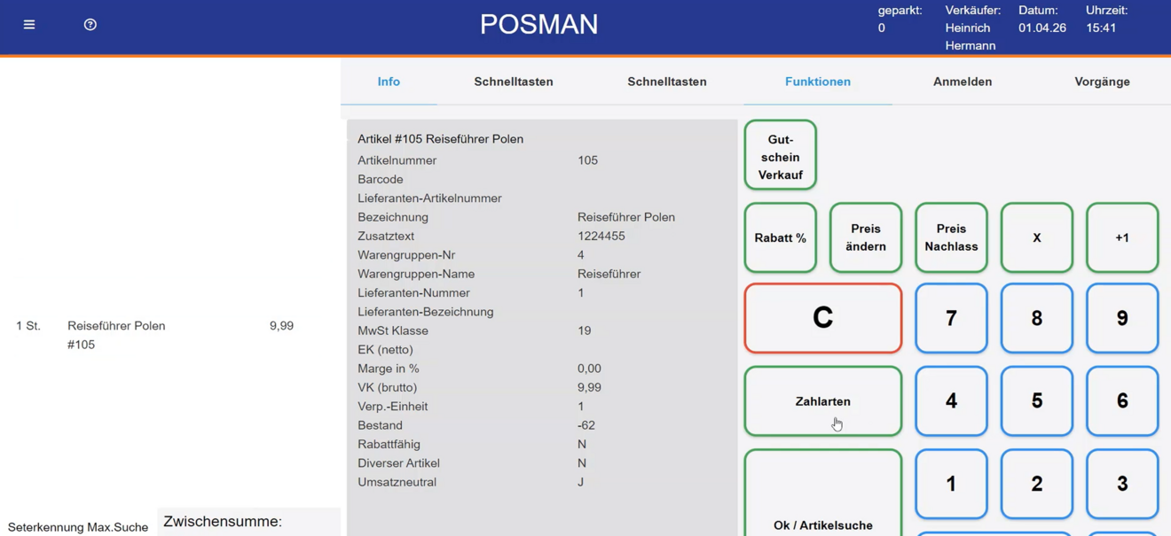 Zahlungsvorgang in POSMAN: Übersicht des geladenen MDE-Auftrags in der Kasse vor dem finalen Kassiervorgang per Karte oder Barzahlung.