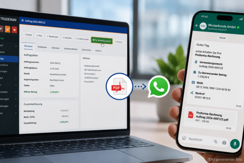 TRADEMAN ERP-Auftragsmaske auf einem Laptop-Bildschirm mit hervorgehobenem Button 'Per WhatsApp senden', verbunden über ein PDF-zu-WhatsApp-Icon mit einem Smartphone. Das Smartphone zeigt die empfangene WhatsApp-Nachricht mit Verwendungszweck, IBAN, Betrag und der angehängten Beleg-PDF.
