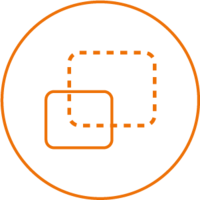 Orangefarbenes Icon zweier überlappender Rahmen (ein durchgezogener, ein gestrichelter) in einem Kreis – Symbol für Artikel-Sets und das Splitting von Gebinden.
