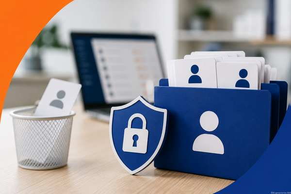Symbolgrafik zum Thema DSGVO-Compliance und Kundendaten löschen im Handel. Ein blaue Datensicherheits-Schild mit Vorhängeschloss steht neben einer Karteibox mit Kundenprofilen und einem Papierkorb vor einem Laptop.