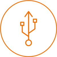 Orangefarbenes Icon eines verzweigten USB-Symbols in einem Kreis – steht für die vernetzte und standortbezogene Sortimentssteuerung.