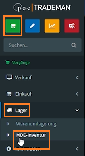 TRADEMAN Menüansicht: Navigationspfad zur Funktion MDE-Inventur unter Vorgänge -> Lager