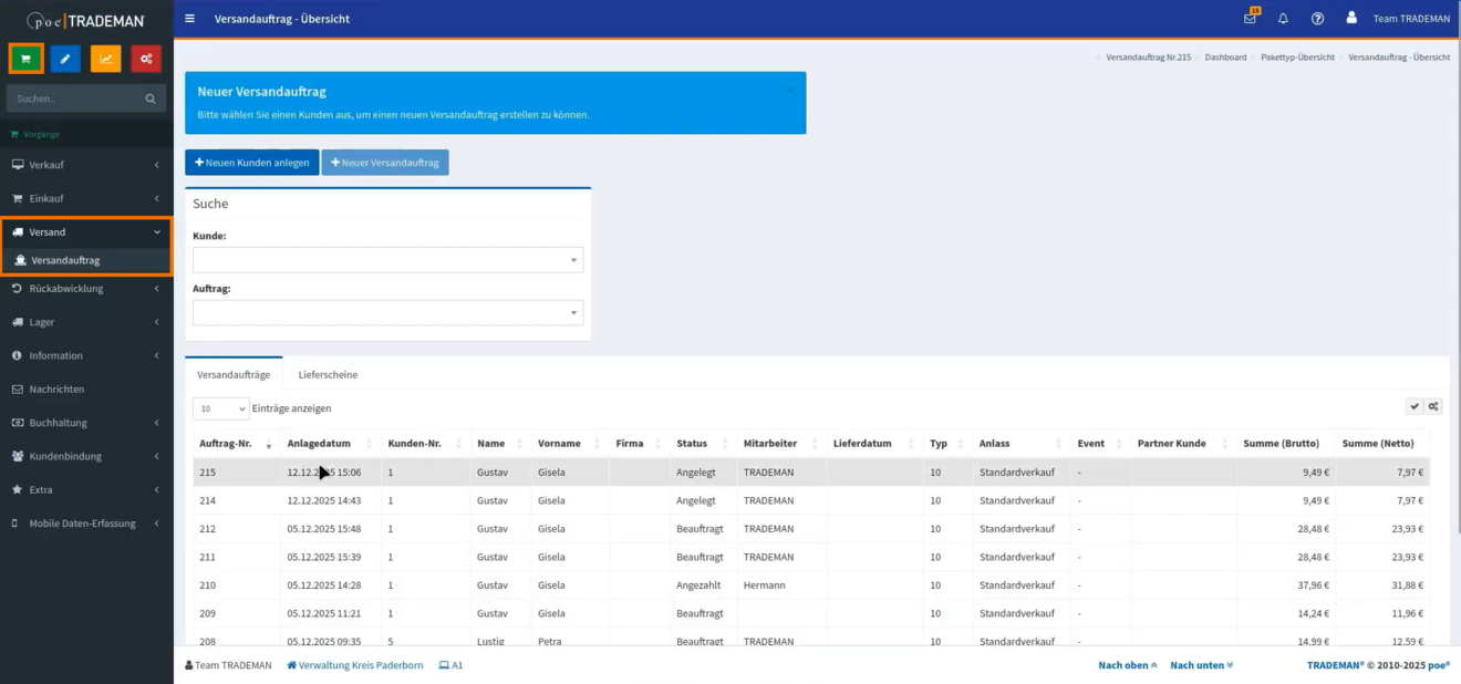 Übersicht der Versandaufträge in TRADEMAN nach dem Kassiervorgang