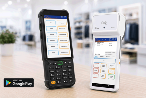 POS-Software-Vorschau: Smartphone mit POSMANapp und MDE-Gerät mit POSMANmde-App (WebUI) neben dem Google Play Store Button auf modernem Hintergrund.
