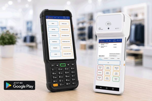 POS-Software-Vorschau: Smartphone mit POSMANapp und MDE-Gerät mit POSMANmde-App (WebUI) neben dem Google Play Store Button auf modernem Hintergrund.