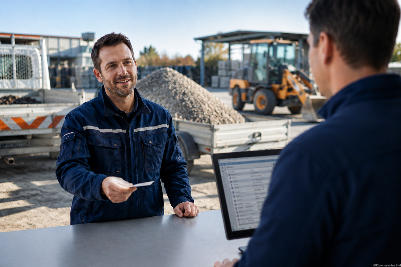 Schnelle Auftragserfassung für Laufkunden im Baustoffhandel mit der TRADEMAN Warenwirtschaft. Das Bild zeigt einen Mitarbeiter an der Theke eines Bauhofs, der die Daten eines Spontankunden am Kassensystem erfasst. Im Hintergrund sind ein Pkw-Anhänger mit Kies und ein Radlader zu sehen.