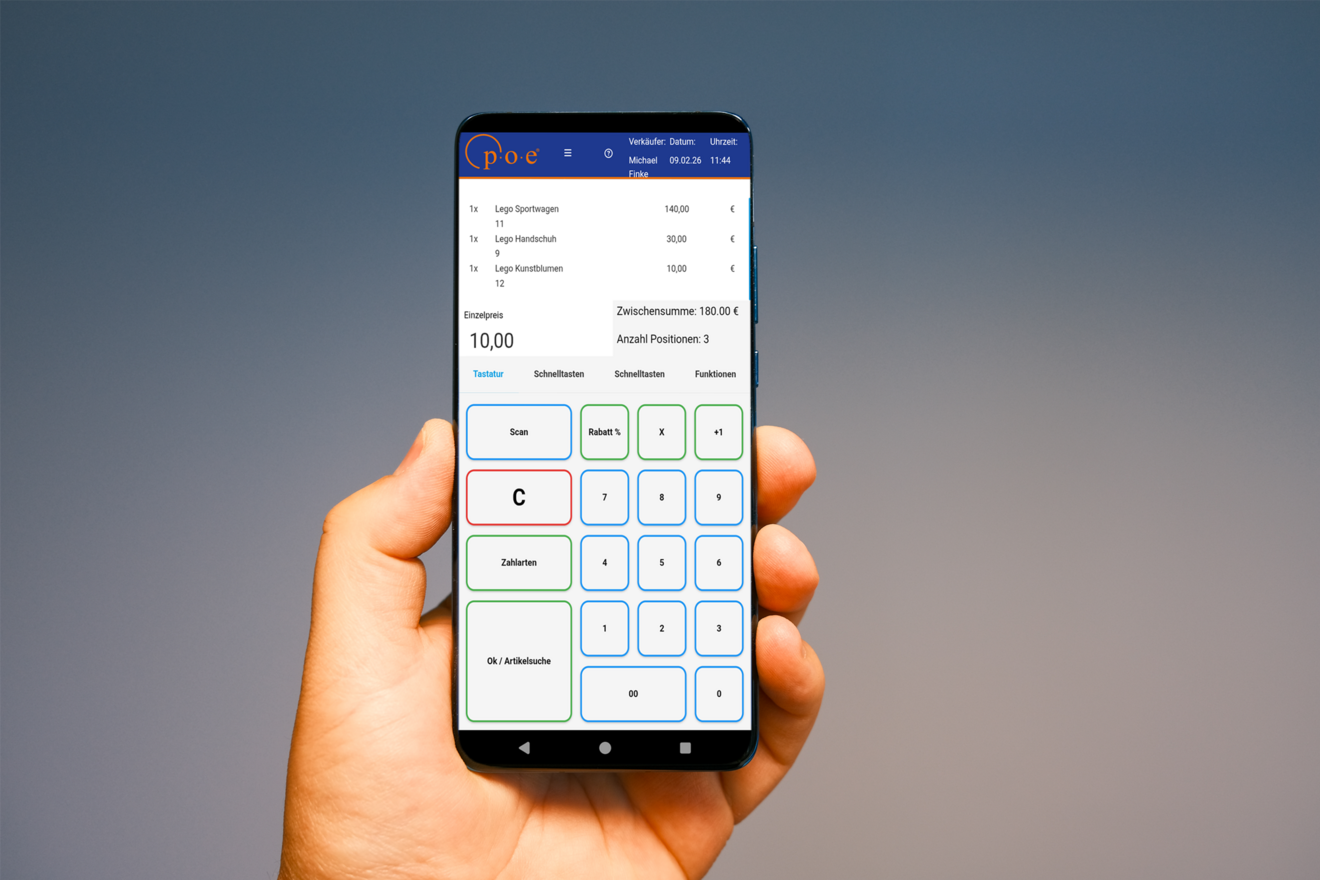 POSMAN Kassen-App auf Android Smartphone mit S-POS Integration für kontaktloses Bezahlen ohne Zusatzgerät.