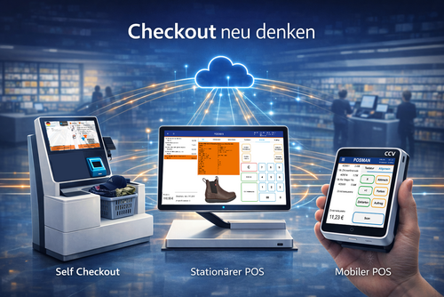 Moderne Checkout-Szenarien im Einzelhandel: stationärer POS, Self-Checkout und Mobile POS mit POSMAN-Oberfläche in einer Headless-POS-Architektur.