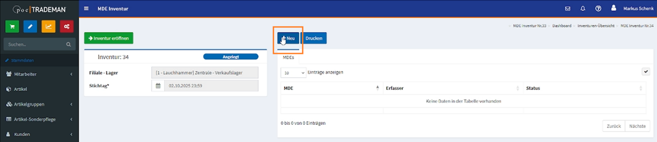 TRADEMAN Maske: Anlegen einer neuen POSMANmde Inventur mit automatischer Nummer und Stichtagsauswahl.