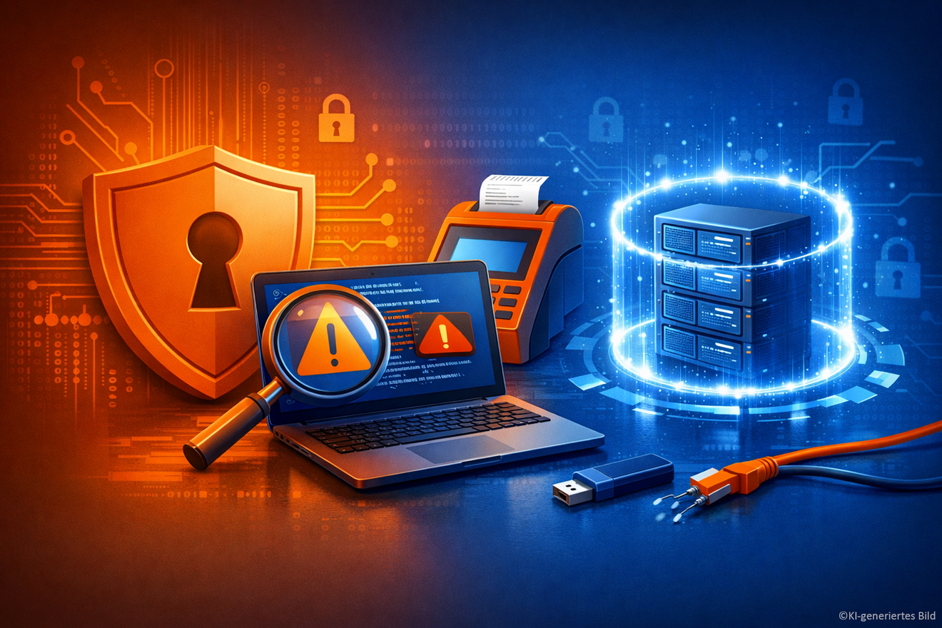 Cybersecurity-Illustration für Kassensysteme: Symbolische Darstellung von Monitoring, Server-Schutz und isolierter Systemarchitektur bei poe