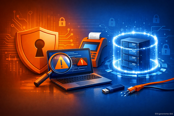 Cybersecurity-Illustration für Kassensysteme: Symbolische Darstellung von Monitoring, Server-Schutz und isolierter Systemarchitektur bei poe