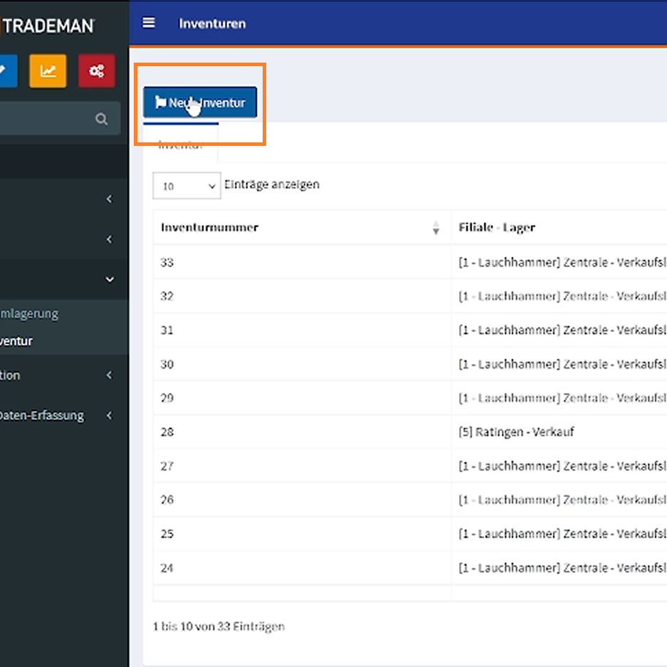 Neue Inventur anlegen in TRADEMAN