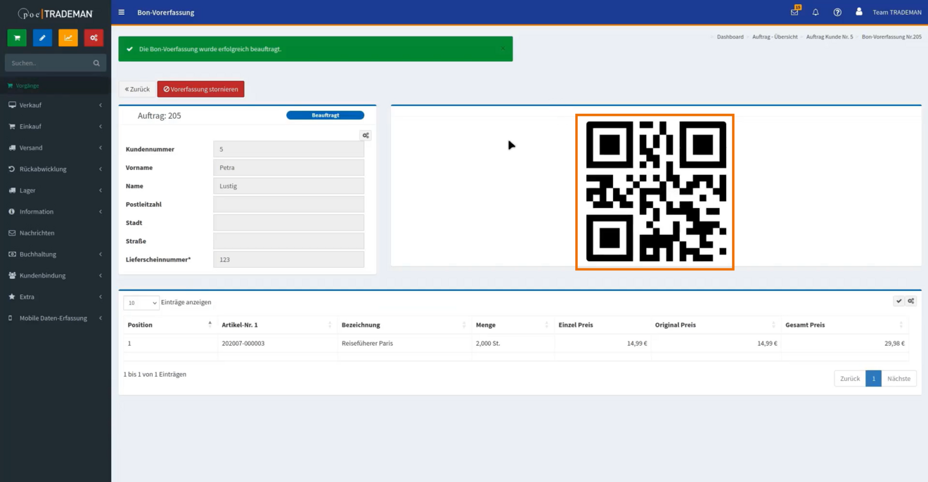 Screenshot: Der generierte QR-Code der Bon-Vorerfassung, bereit zum Scan an der POSMAN-Kasse zur automatischen Datenübernahme.