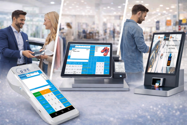 Darstellung moderner Checkout-Szenarien mit POSMAN: mobile Kasse, stationäres Kassensystem und Self-Checkout im Einzelhandel.