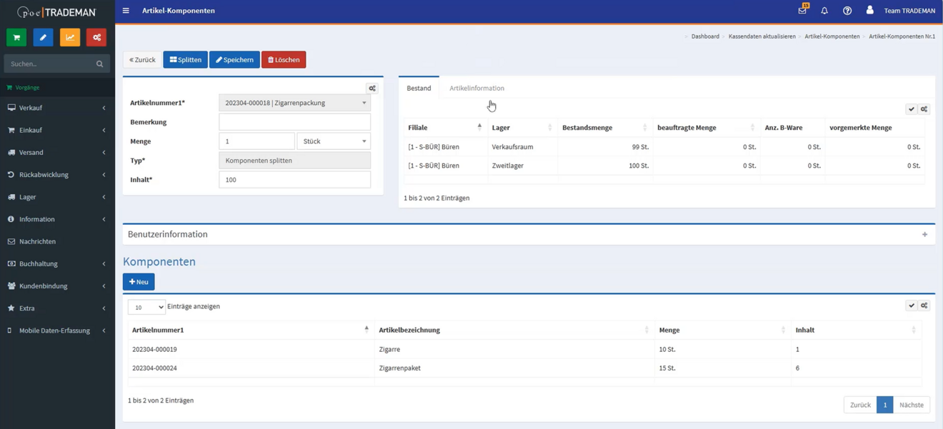 Screenshot der TRADEMAN Splitting-Maske zur Definition der Vereinzelungs-Parameter