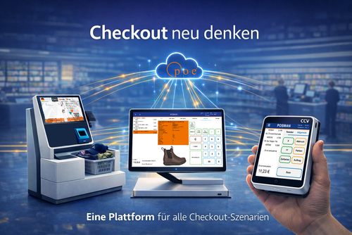 Moderne Checkout-Szenarien im Einzelhandel: stationärer POS, Self-Checkout und Mobile POS mit POSMAN-Oberfläche in einer Headless-POS-Architektur.
