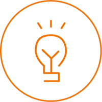 Orangefarbenes Icon einer leuchtenden Glühbirne im Kreis – Symbol für Innovation, neue Ideen und den Start-up-Einstieg.