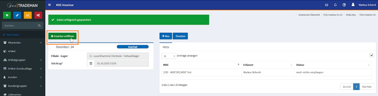 TRADEMAN Ansicht "Inventur eröffnen": Übersicht der Artikel mit Sollwerten (Bestand, VK-Wert, Lagerwert)