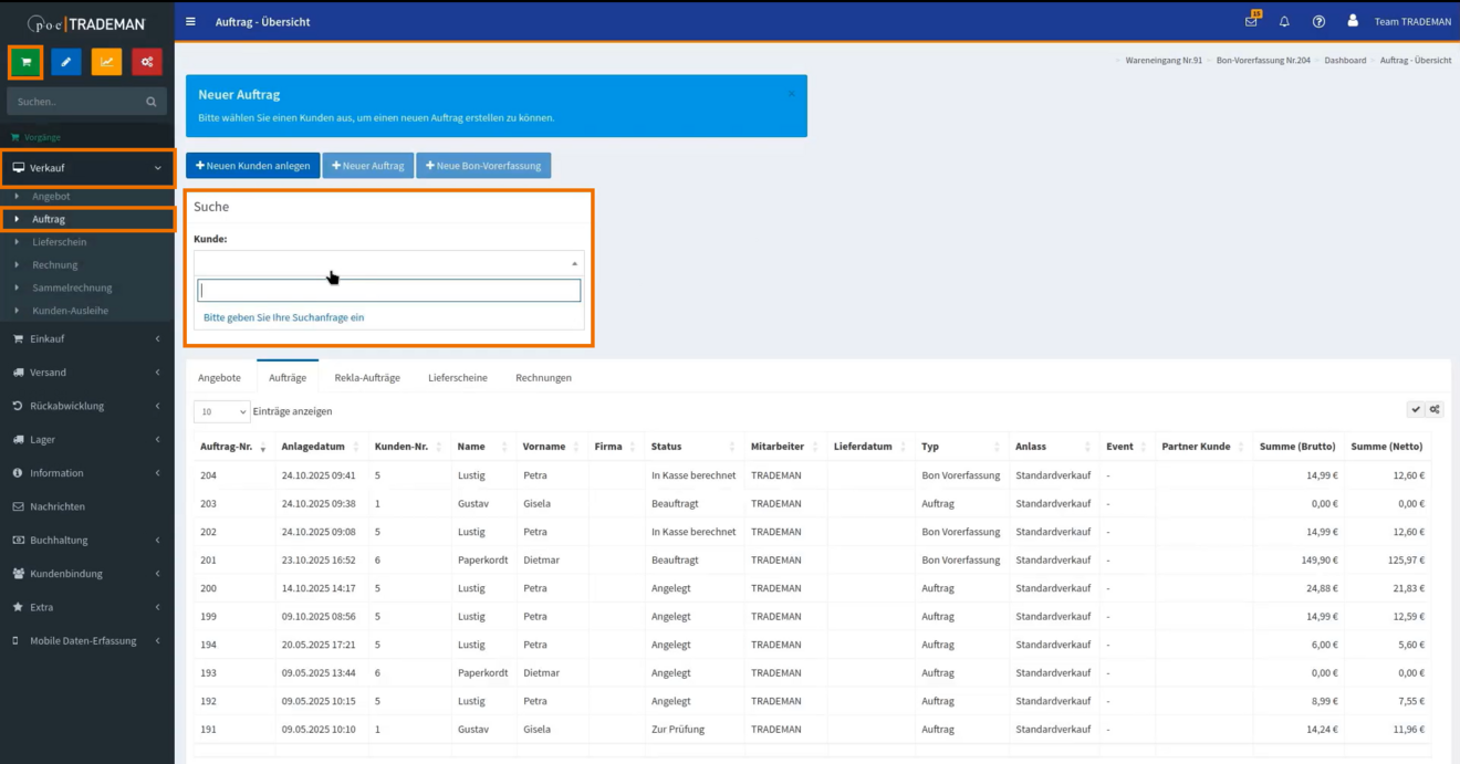 Screenshot TRADEMAN: Kundenauswahl im Bereich Auftrag als erster Schritt zur Bon-Vorerfassung.
