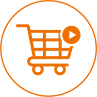 Orangefarbenes Icon eines Einkaufswagens mit einem Play-Symbol in einem Kreis – steht für die effiziente RFID-Technologie im Lager.