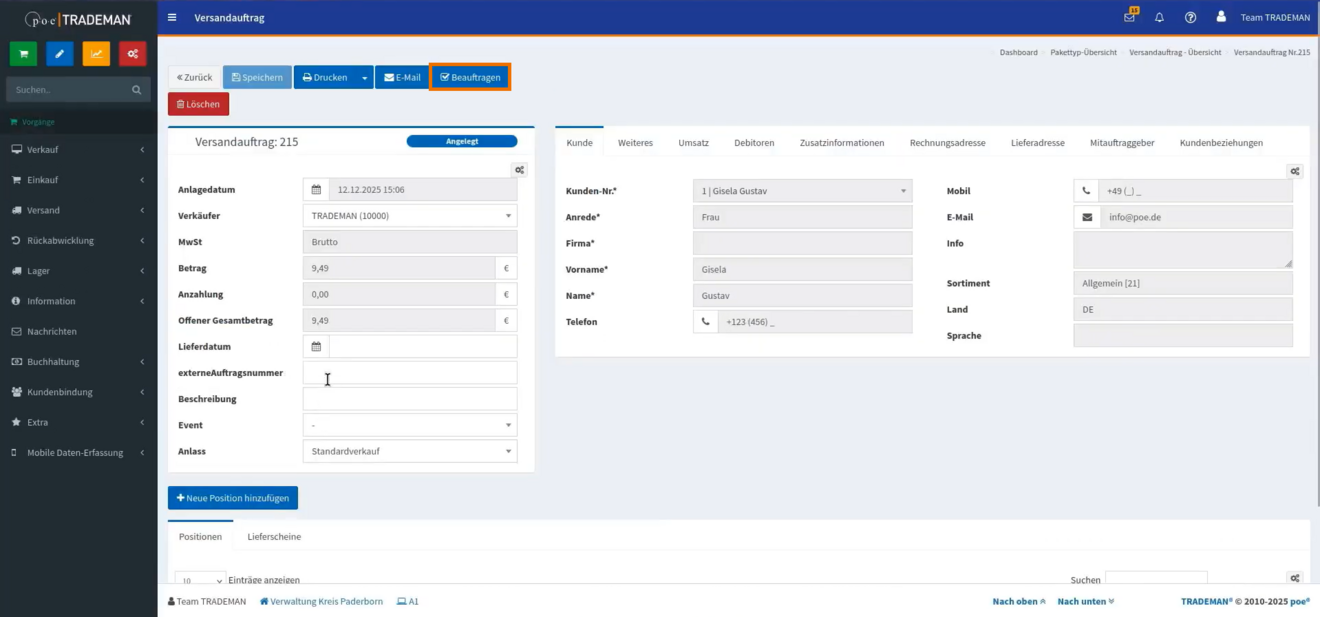 Geöffneter Versandauftrag in TRADEMAN mit aktivierter Versandbeauftragung