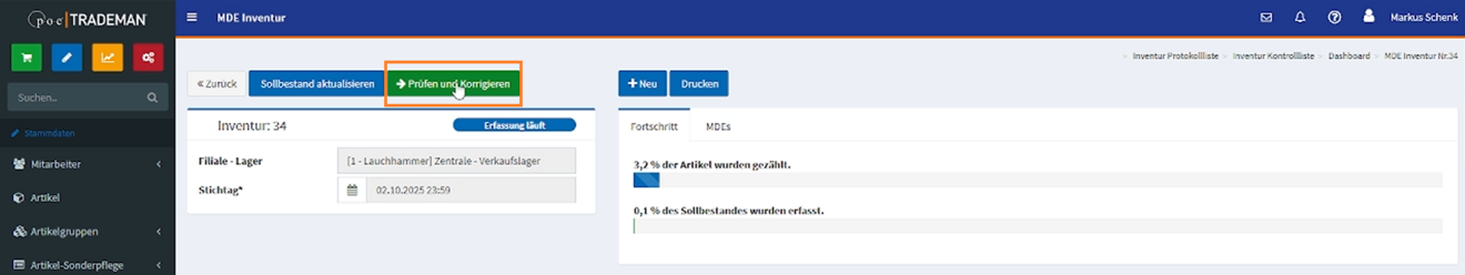 TRADEMAN Ansicht zum Prüfen und Korrigieren der gezählten Bestände vor dem Abschluss der Inventur