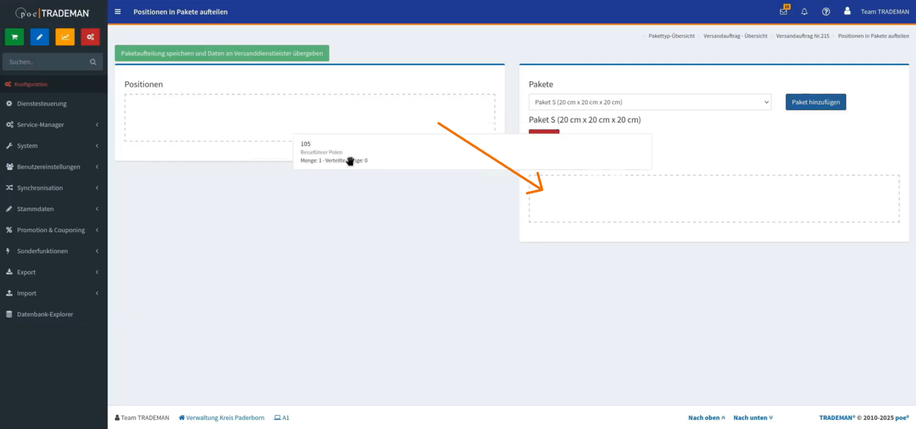 Zuordnung der Artikelpositionen zu Versandpaketen per Drag-and-drop in TRADEMAN