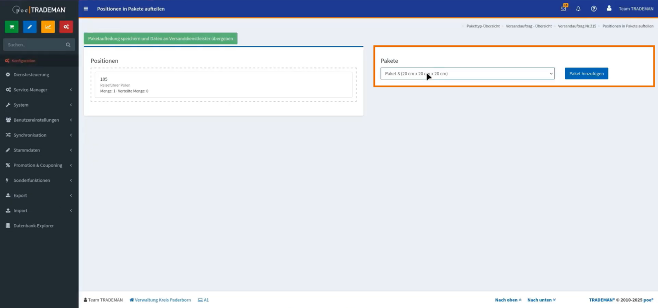 Hinzufügen eines ausgewählten Versandpakets zum Versandauftrag in TRADEMAN