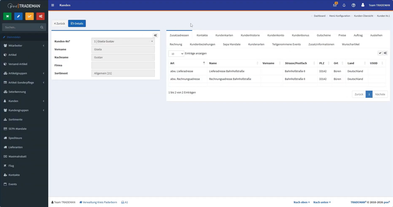 Schreibgeschützte Detailansicht eines Kundendatensatzes im TRADEMAN ERP. Adressen und Kontaktdaten werden übersichtlich angezeigt, sind jedoch ohne Bearbeitungsrecht vor Änderungen geschützt.