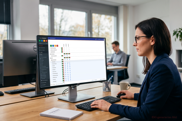 Eine Mitarbeiterin im Büro konfiguriert am Computer die TRADEMAN-Warenwirtschaft. Auf dem Monitor ist die Software-Oberfläche mit der Rechtematrix zur Vergabe von Rollenberechtigungen für Kundendaten zu sehen.
