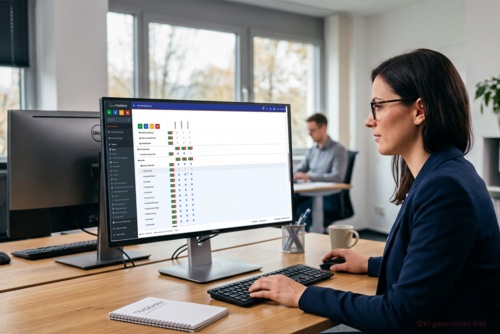 Eine Mitarbeiterin im Büro konfiguriert am Computer die TRADEMAN-Warenwirtschaft. Auf dem Monitor ist die Software-Oberfläche mit der Rechtematrix zur Vergabe von Rollenberechtigungen für Kundendaten zu sehen.
