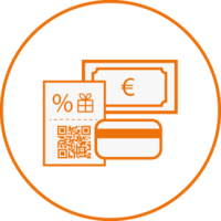 Orangefarbenes Icon mit Symbolen für Rabatt-Coupons (Prozentzeichen/Geschenk) und eine Zahlungskarte in einem Kreis – steht für smartes Couponing.