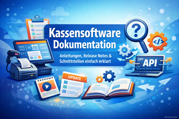 Abstrakte Grafik: Ein zentrales Wissenszentrum verbindet POS-Kassensysteme und Cloud-Software für effiziente Dokumentation.