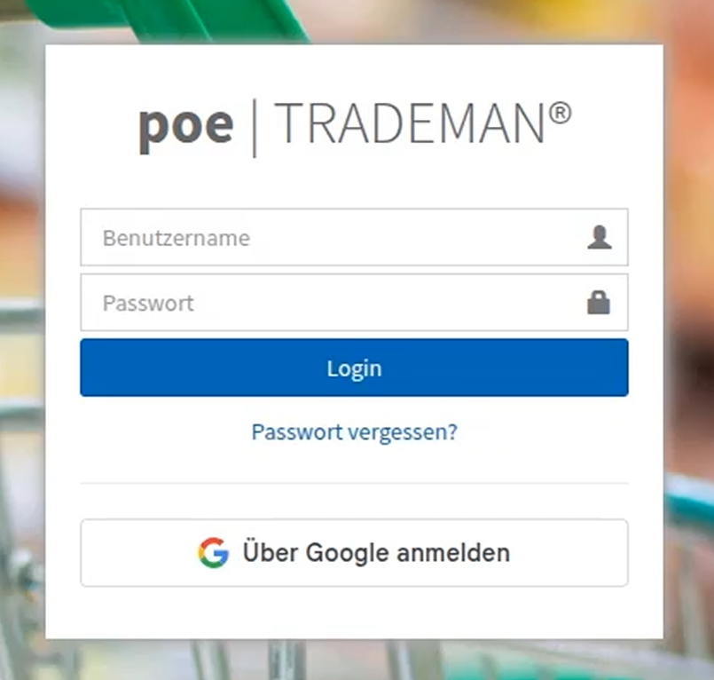 Die Anmeldemaske der TRADEMAN Warenwirtschaft mit dem neuen Link „Passwort vergessen“ unter den Eingabefeldern für Benutzername und Kennwort als Einstieg in den Passwort-Selfservice.